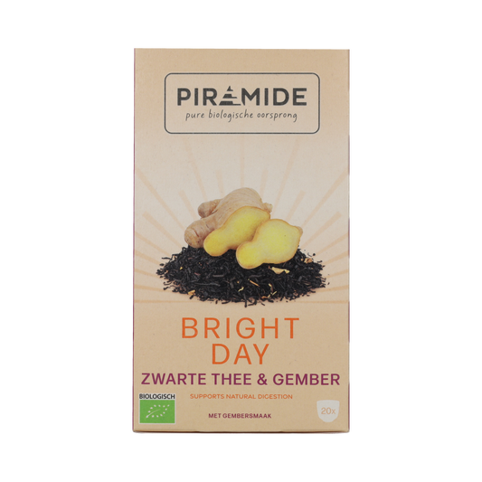 Piramide Bright Day coffee and tea pyramid tea bags, 20-pack, featuring individual pyramid-shaped tea infusers.
