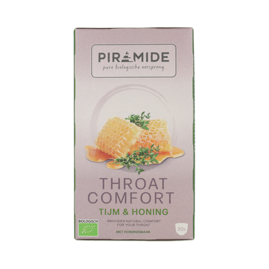Piramide Throat Comfort herbal throat lozenges in a box, 20 pieces, natural remedy for soothing sore throats.