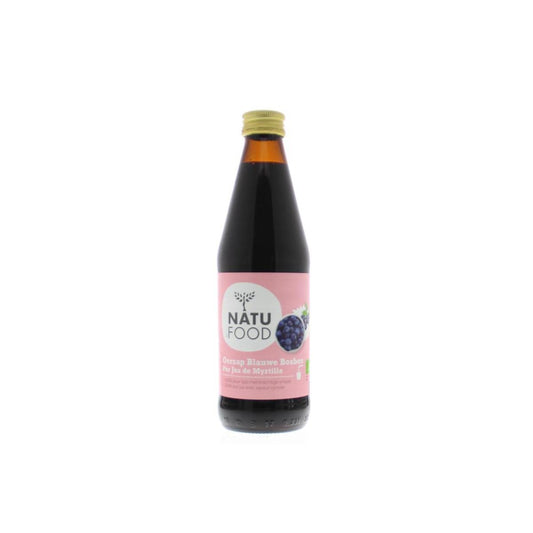 Natufood organic blueberry juice bottle, 330ml, in a clear plastic container, showing fresh blueberries on the label.