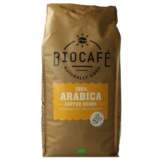 Biocafe organic Arabica coffee beans in a 1kg bag, fresh and aromatic for brewing rich, flavorful coffee at home.
