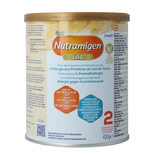 Nutramigen 2+ LGG baby and toddler formula in a 400g container, designed for sensitive digestion and immune support.