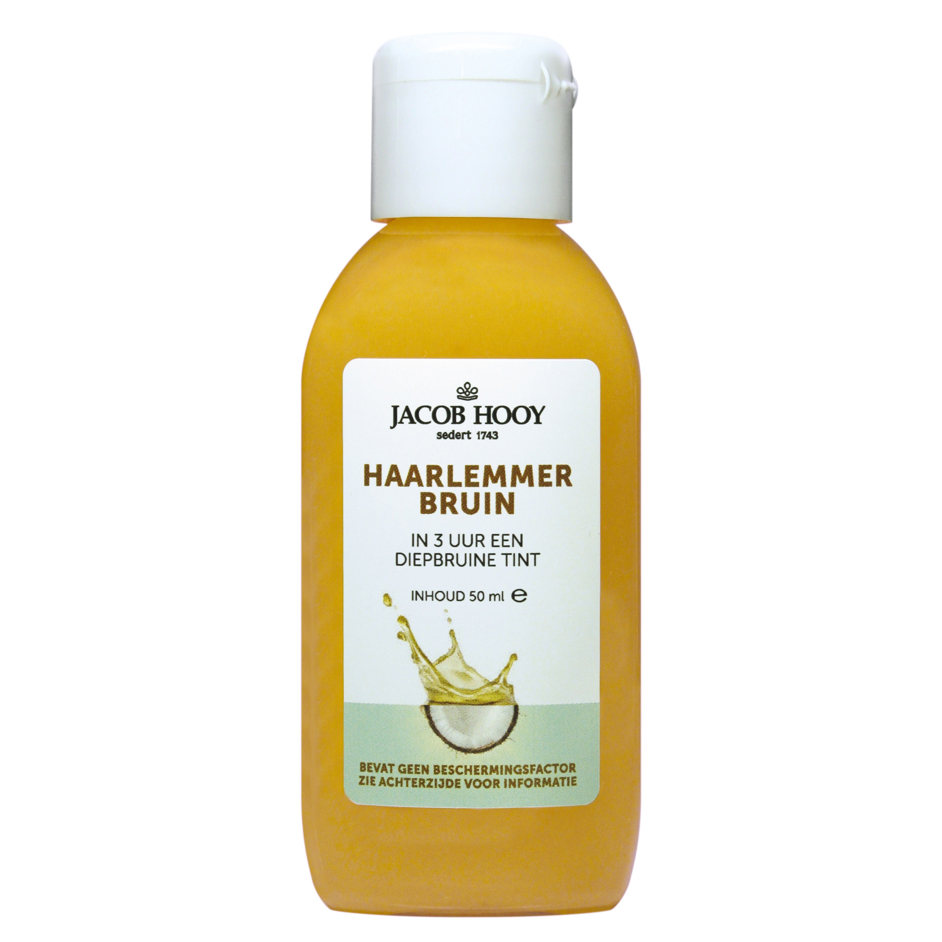Jacob Hooy Haarlemmerbruin mini Sun Tanning Oil bottle, 50ml, with natural brown color and sun protection label visible.