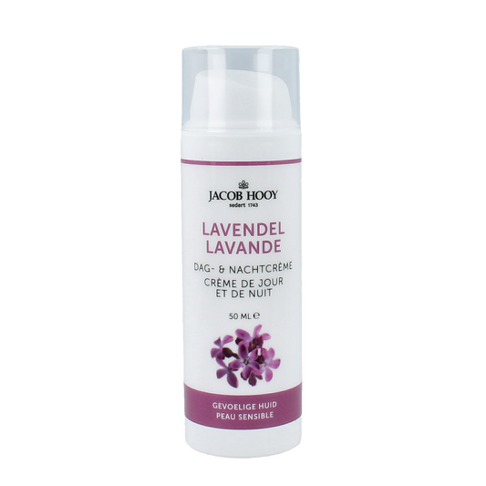 Jacob Hooy Lavendel dag en nachtcrème in 50ml, gezichtverzorging with lavender scented cream jar and floral design.