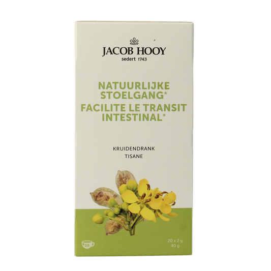 Jacob Hooy natural stool-regularity tea in a box of 20 tea bags, herbal coffee and tea product with packaging and tea bags.