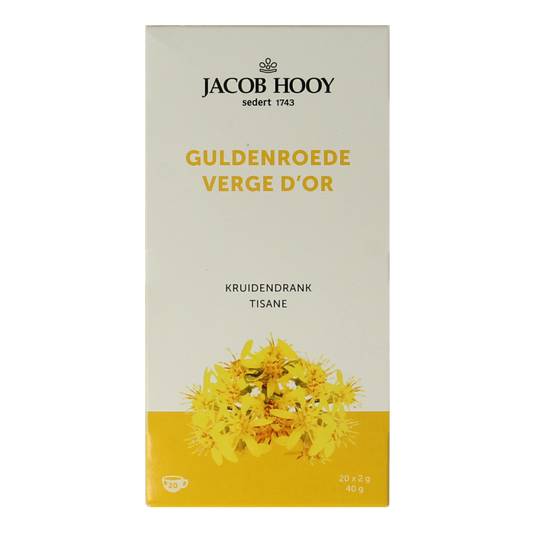 Jacob Hooy Guldenroede tea in a box with 20 tea bags, showcasing the packaging and branding of the herbal tea product.