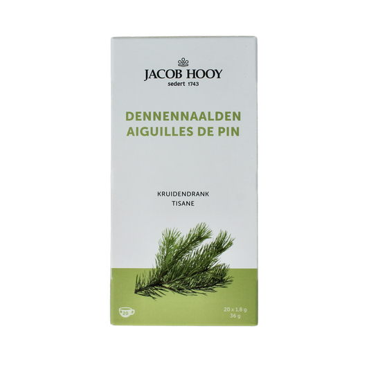 Jacob Hooy Dennennaalden tea bags, 20-count, with dried herb leaves and tea infusions in a box.