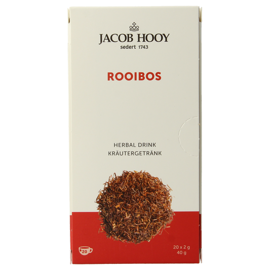 Jar of Jacob Hooy Rooibos tea with 20 tea bags, featuring the brand's label and packaging details.
