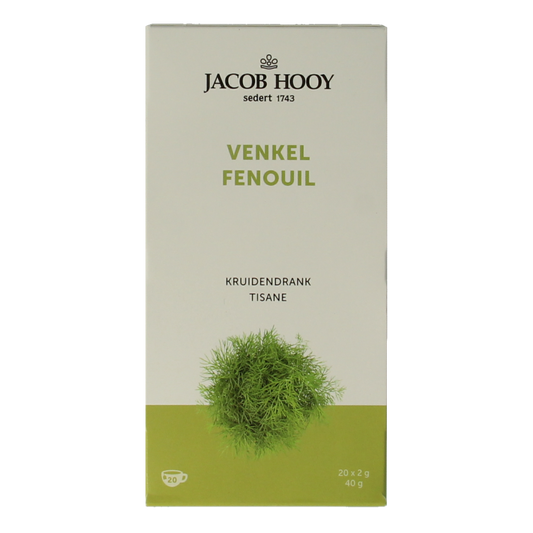 Jacob Hooy fennel tea bags shown in a box, 20 tea sachets, natural herbal tea from the Jacob Hooy brand.