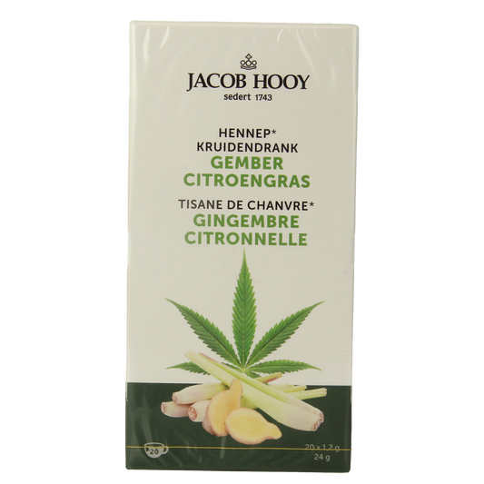 Jacob Hooy Hennep Gember Citroengras herbal tea sachets, 12-pack, featuring natural ingredients with ginger, lemongrass, and hemp flavor.
