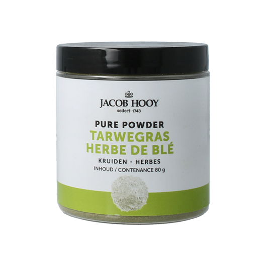 Jacob Hooy Pure Tarwegras Powder in an 80g jar, natural wheatgrass supplement from the herbal preparations category.