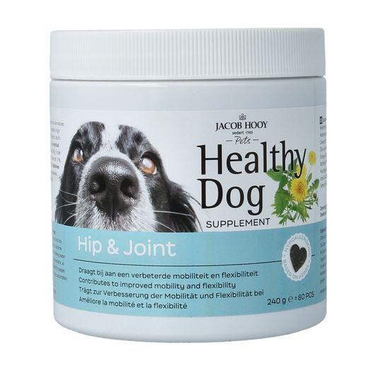 Jacob Hooy Pets healthy dog hip and joint supplements in 80 grams, natural pet dietary supplement for joint support.