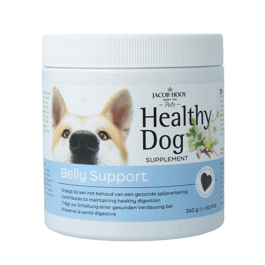 Jacob Hooy Pets healthy dog belly support supplement, 80 pieces, showing the packaging with dog-friendly ingredients.