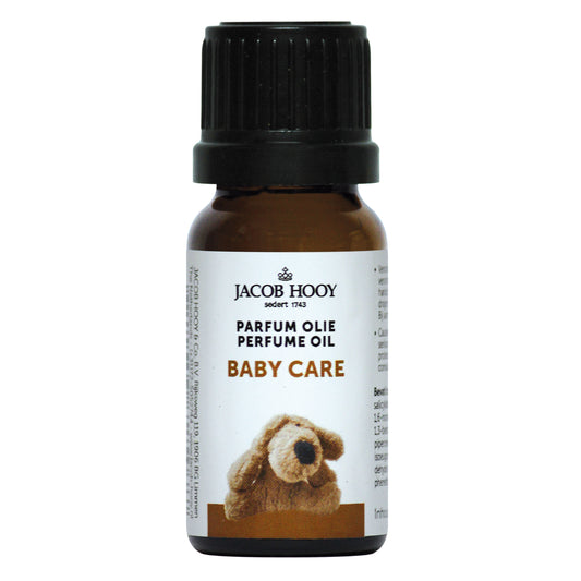 Jacob Hooy baby care perfume oil in 10ml bottle, featuring natural essential oils for gentle baby skin care.