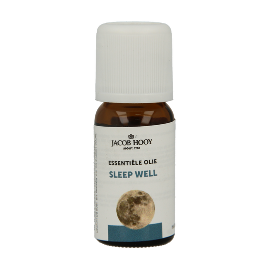Jacob Hooy Sleep Well essential oil bottle with a white label and orange cap, 10 milliliters of aromatic sleep aid oil.