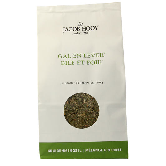 Jar of Jacob Hooy gal en leverkruiden, herbal seasoning mix in a clear glass jar with a metal lid, labeled with product details.
