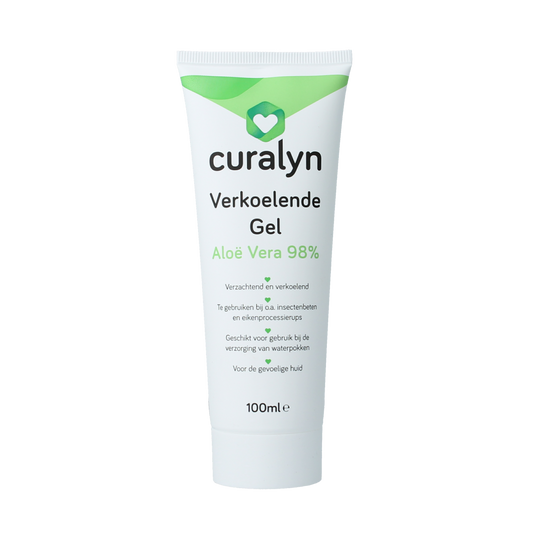 Curalyn Verkoelende aloe vera gel in 100ml bottle, soothing body care with fresh aloe vera leaves on the label.