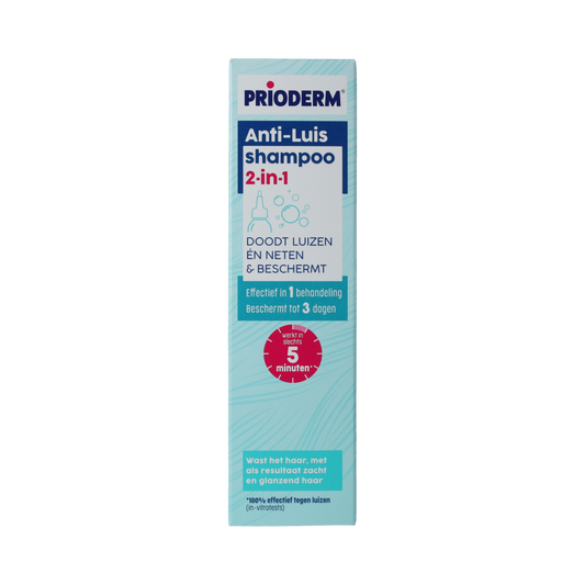 Prioderm 2-in-1 anti-luis shampoo for hair care, 100ml bottle with label showing Prioderm branding and product details.