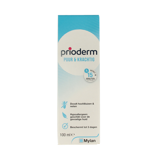 Prioderm Haarverzorging Puur & Krachtig 100ml bottle with label, natural hair care product for healthy hair.