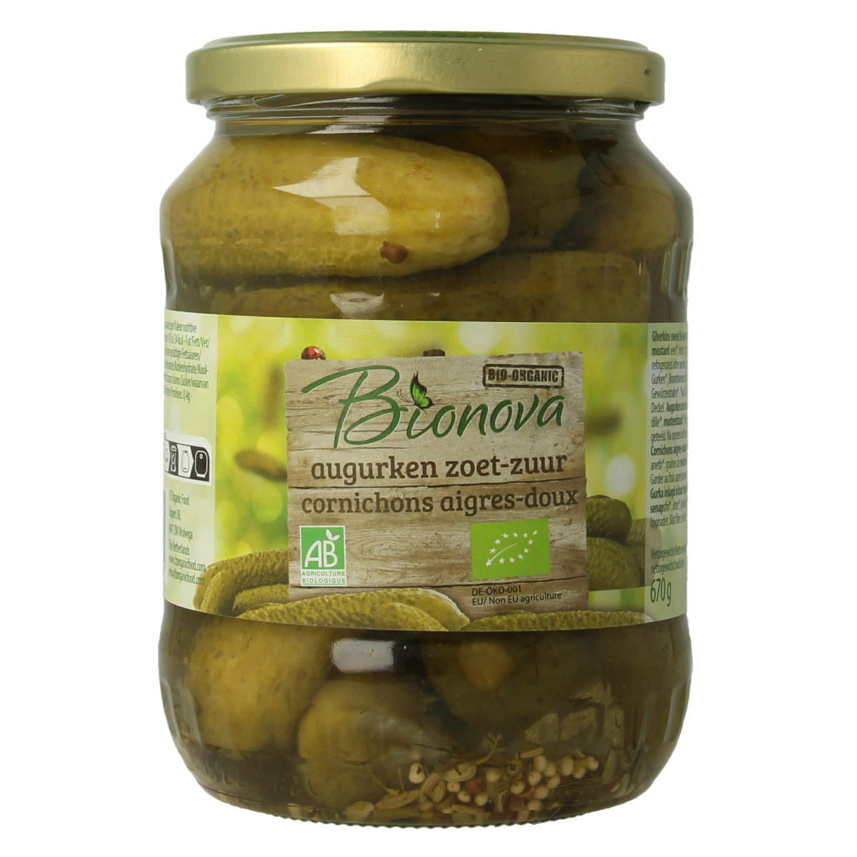 Bionova sweet and sour organic pickled cucumbers in 670g jar, with fresh green cucumbers and vibrant label.