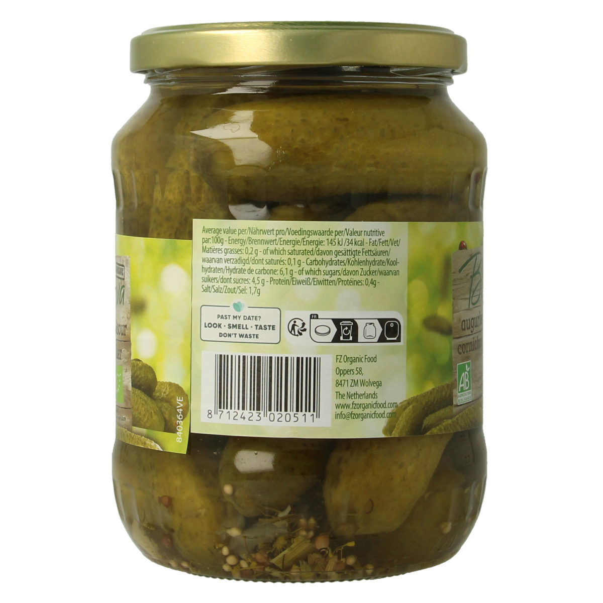 Bionova organic sweet and sour pickled cucumbers in a jar, 670 grams, with fresh green cucumbers visible inside.