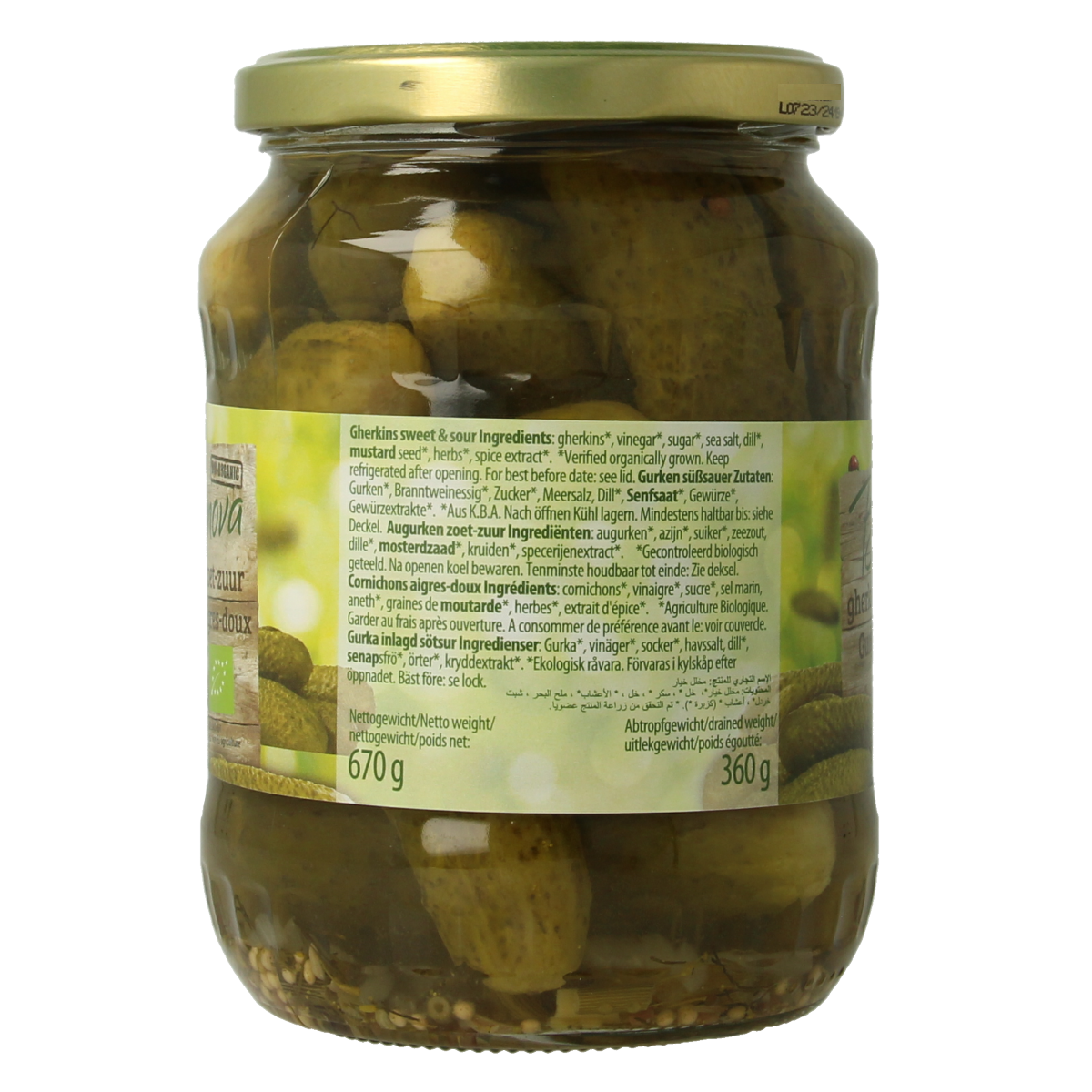 Bionova sweet and sour organic pickled cucumbers in a 670g jar, shown with fresh vegetables and fruit.