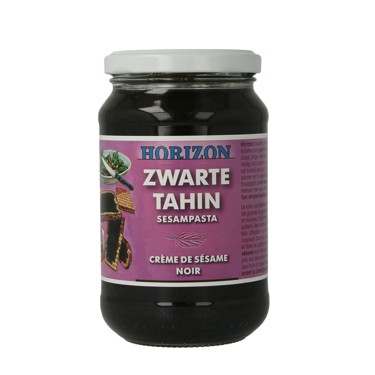 Horizon Zwarte Tahin bio, 350g jar, natural black sesame spread, suitable as a nutritious bread topping or ingredient.