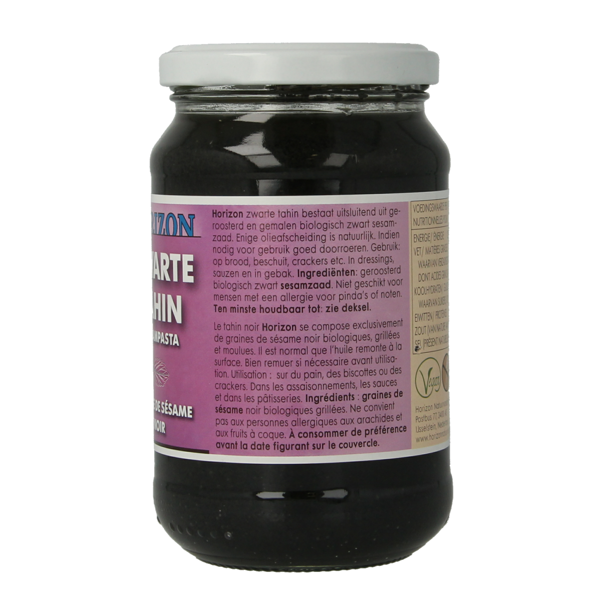 Horizon biologische zwarte tahin spread on bread, 350g jar, creamy sesame paste for sandwiches or snacks.