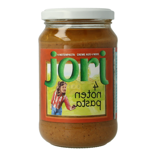 Jori 4 Noten pasta met zout bio, a 350g jar of assorted nut spread ideal for breadbeleg.