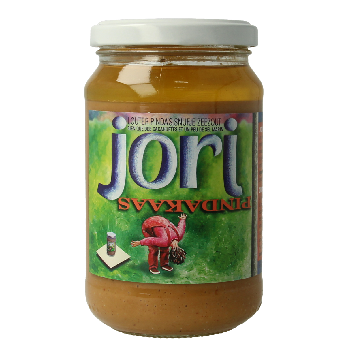 Jori organic salted peanut butter spread on bread, 350g jar, creamy texture, natural and savory broodbeleg.