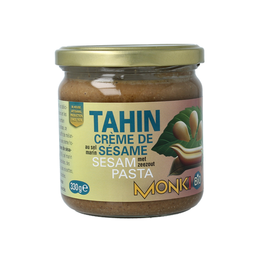 Organic Monki Tahin met zout, 330g, smooth sesame spread on bread, natural and flavorful bio broodbeleg.