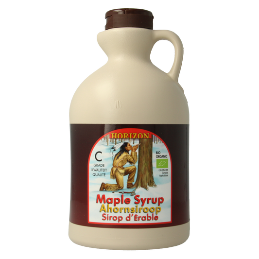 Horizon organic maple syrup in 950ml bottle, natural sweetener, golden color, labeled as bio and eco-friendly.