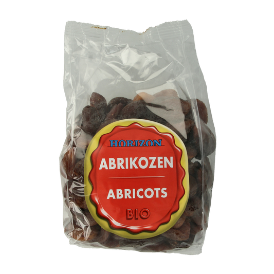 Horizon organic apricots in a basket, fresh and ripe, showcasing bright orange color and smooth skin, 1 kilogram bag.