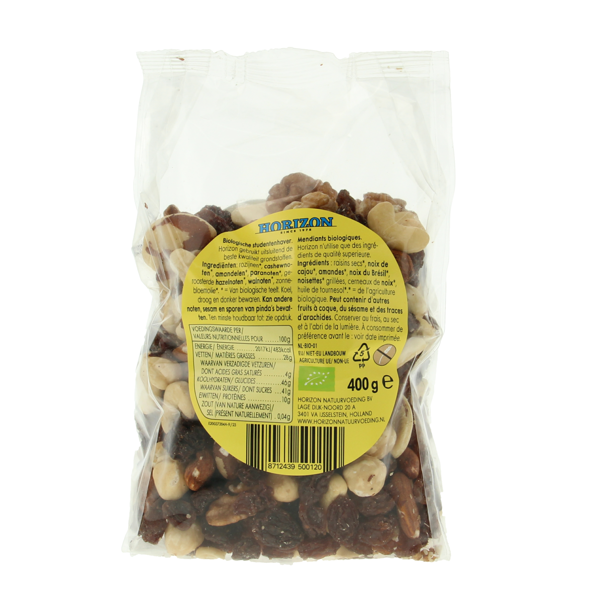 Horizon bio Horizon Studentenhaver raw superfood in 400g package, showing the bag with natural hemp seeds and superfood ingredients.