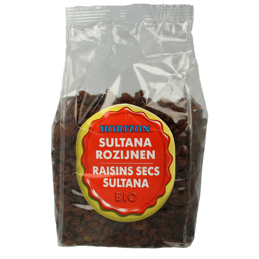 Horizon organic sultana raisins in 1 kg package, dried fruit, shown in a clear bag with raisins visible inside.