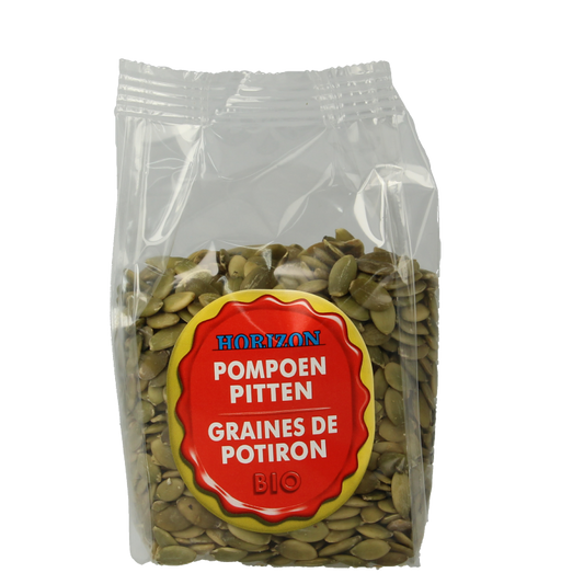 Horizon organic pumpkin seeds, 200 grams, raw superfood snack in a clear bag with seeds visible inside.