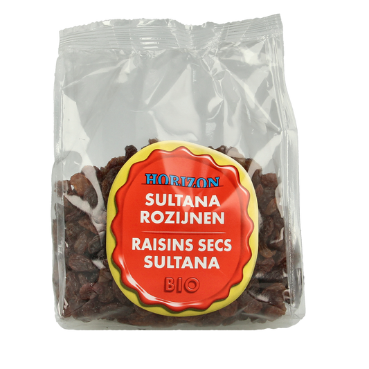 Organic Horizon Rozijnen Sultana in 250g package, dried fruit with golden sultanas, shown in clear package image.