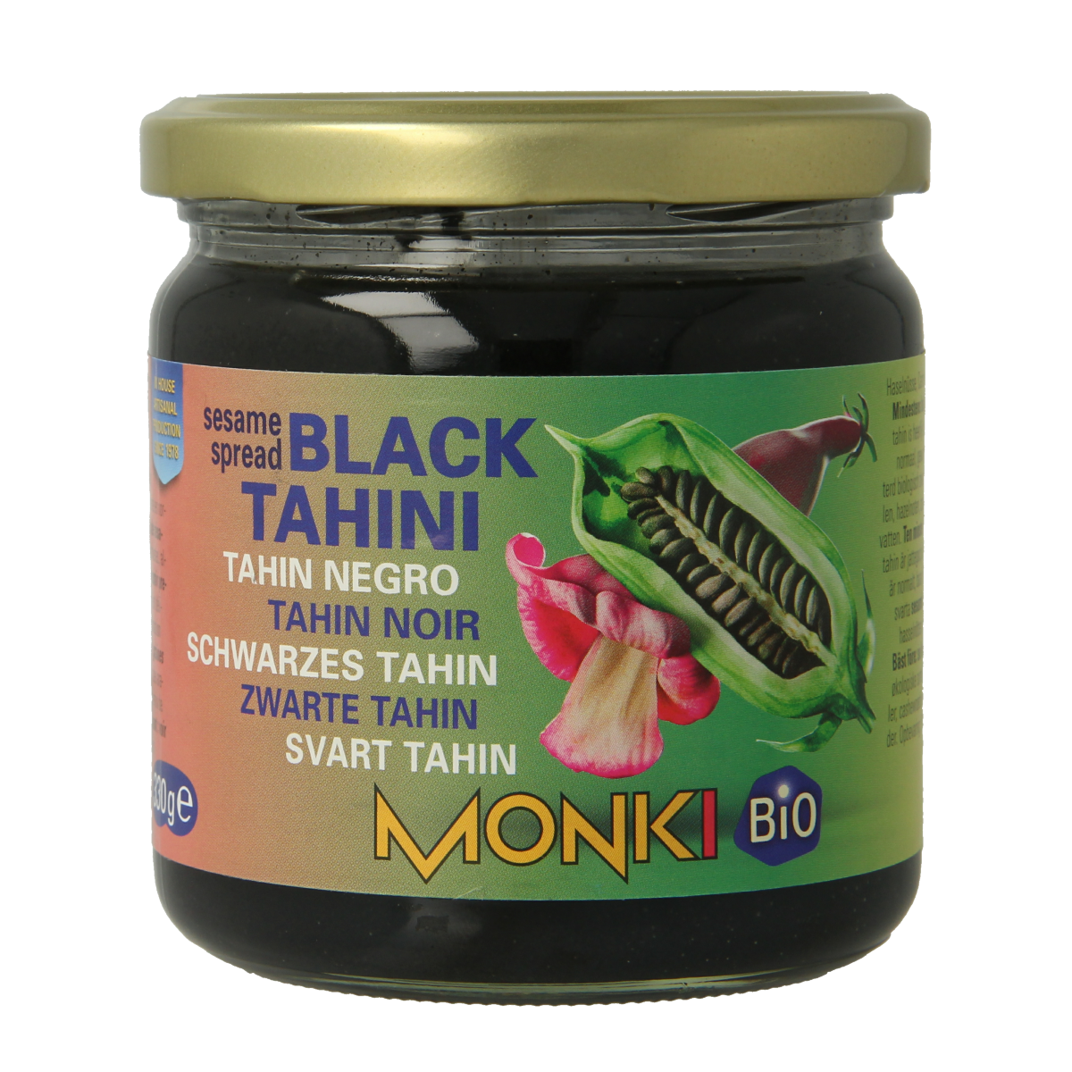 Monki Zwarte Tahin Bio, 330g jar of organic black tahini spread for bread and snacks.