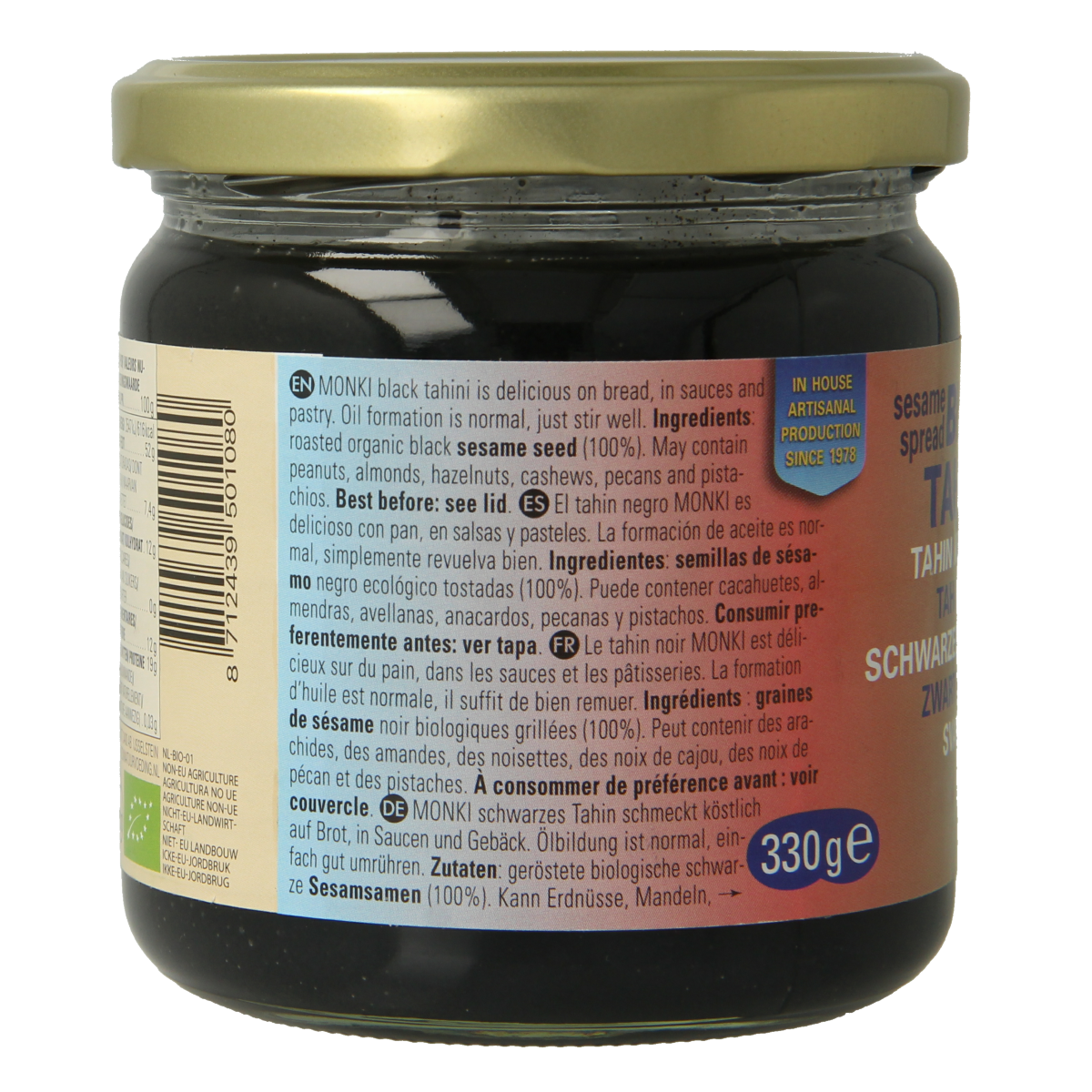 Organic black tahini spread by Monki, 330g jar, creamy sesame paste ideal for bread and toast.