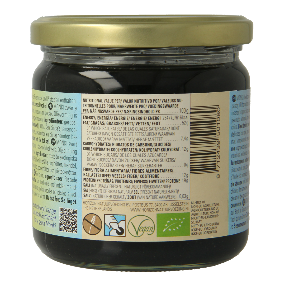 Monki organic black tahini spread on bread, 330g jar, natural and creamy broodbeleg from Monki.