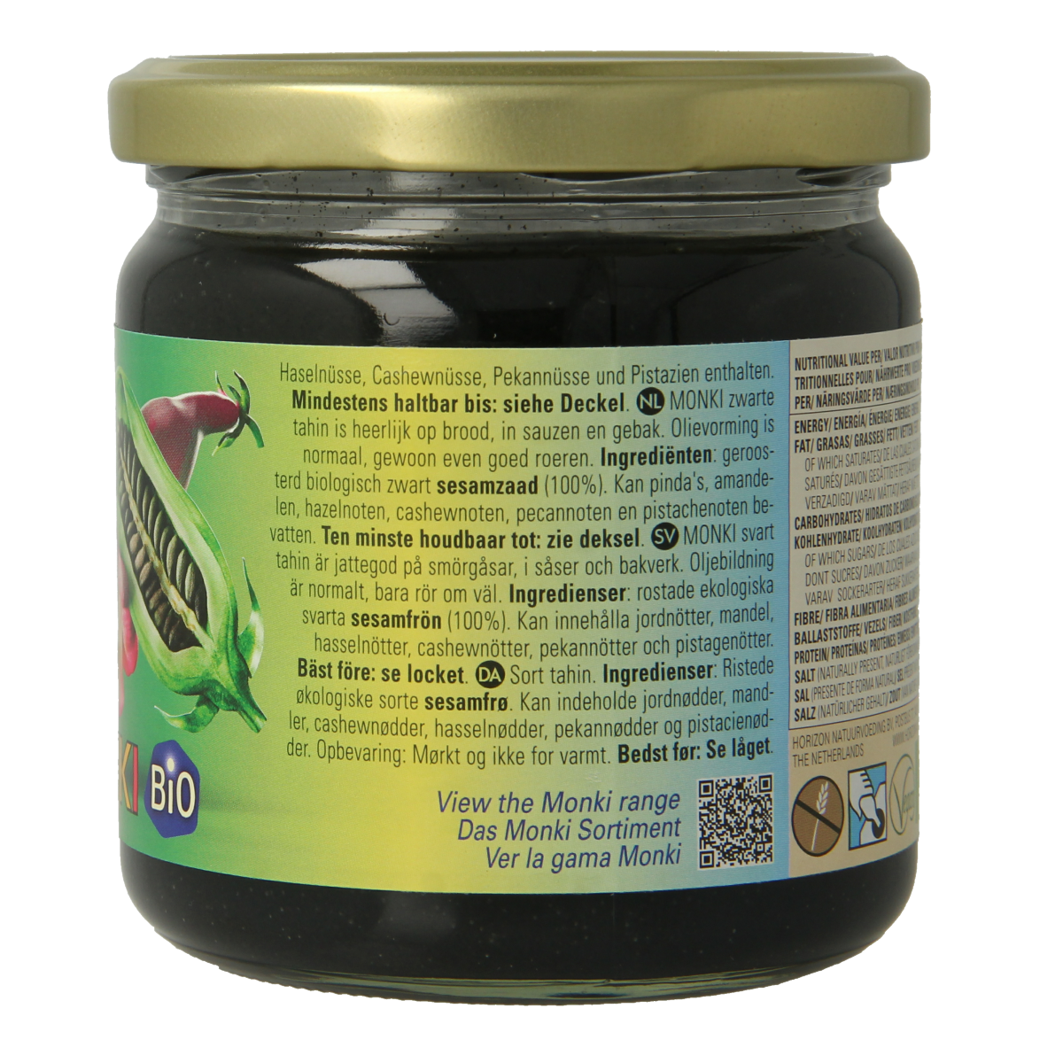 Monki biologische zwarte tahin spread on bread, 330g jar, natural sesame paste for sandwiches and snacks.