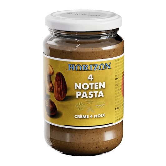 Horizon 4 Notenpasta bio, 350g jar of organic nut spread, creamy texture, ideal for bread and toast.
