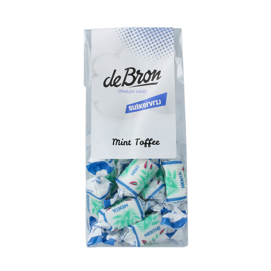 De Bron Mint toffee suikervrij in 70g package, showing green mint-flavored toffee pieces on a white background.