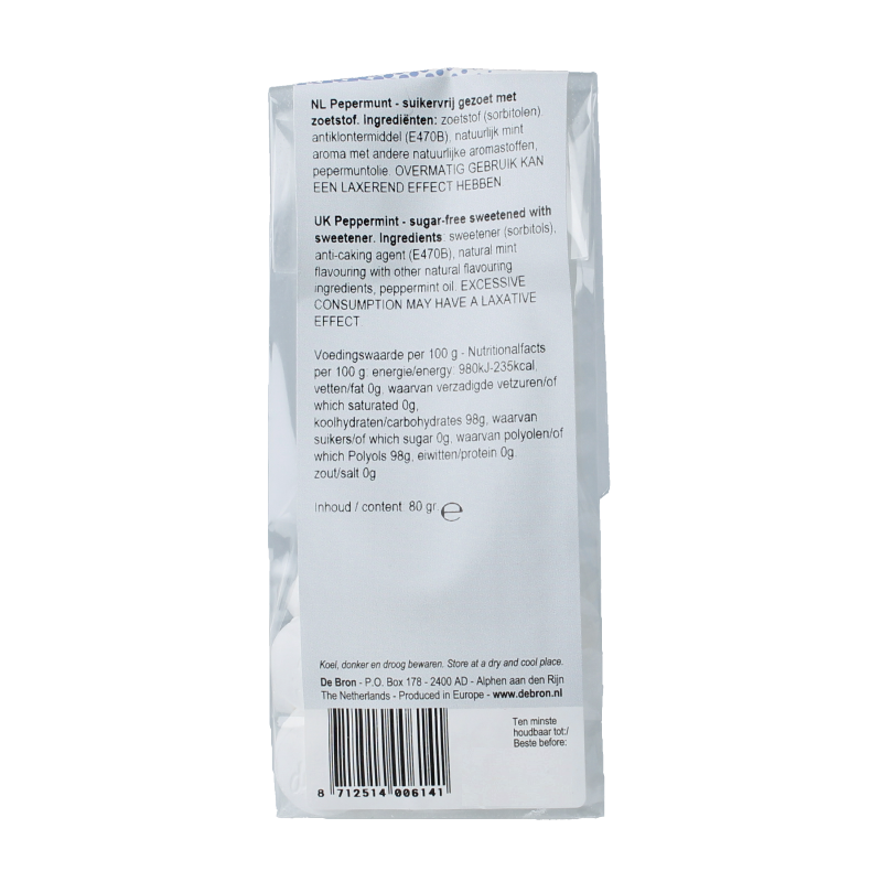 De Bron Pepermunt suikervrij 80 Gram