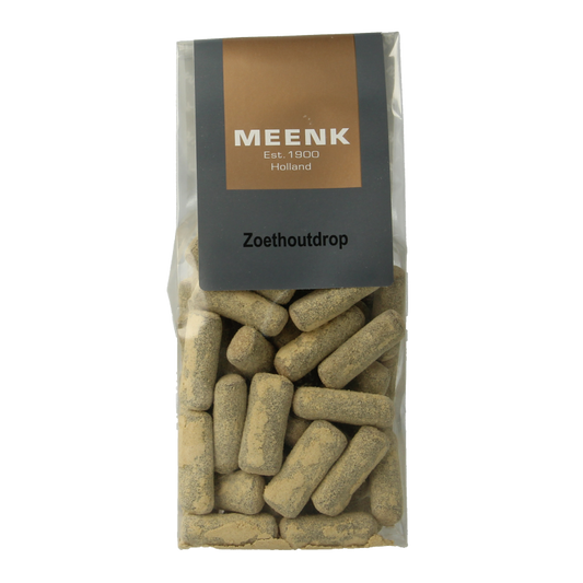 Meenk Zoethoutdrop snoepgoed in 180g package, showing chewy licorice drops from the Meenk brand.