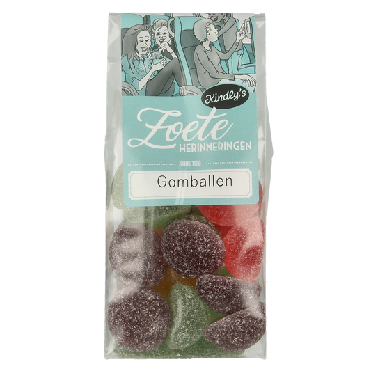 Colorful Kindly's Gomballen snoepgoed in 165g package, featuring sweet, chewy candies with vibrant coatings.