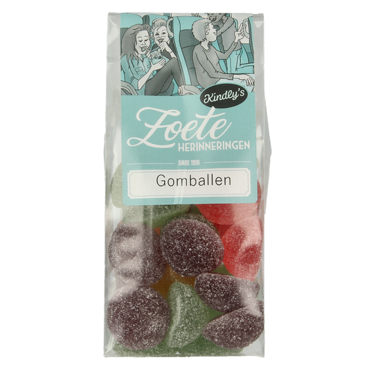 Kindly's Gomballen zoete herinneringen snoepgoed in 165g package, colorful round candies with a shiny coating.