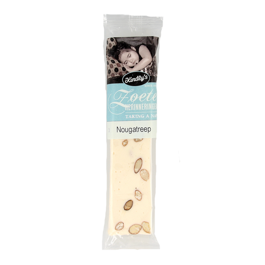 Kindly's Nougatreep snoepgoed bar with creamy nougat filling, 100 grams, showing the colorful wrapper and product packaging.
