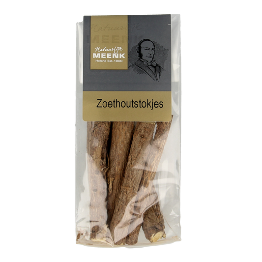 Meenk Zoethoutstokjes in zakje, 50g, natural licorice sticks from Meenk snoepgoed in a clear plastic bag.