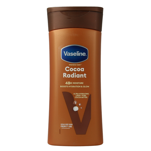 Vaseline cacao butter body lotion bottle, 200ml, for moisturizing and nourishing skin, shown in a clear plastic container.