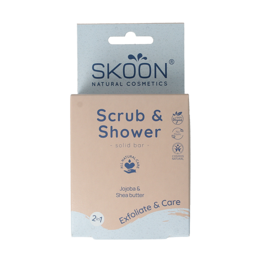 Skoon Solid scrub and shower bar, 90g, natural bad en douche product with textured surface for exfoliation and cleansing.